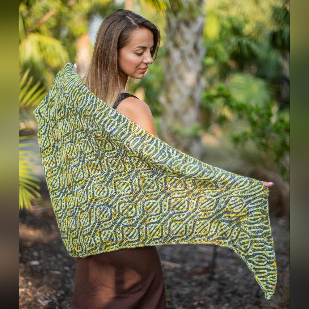 Hand Crafted OOAK Wearable Art Avantgarde Warm Wool Green Yellow Knit Shawl